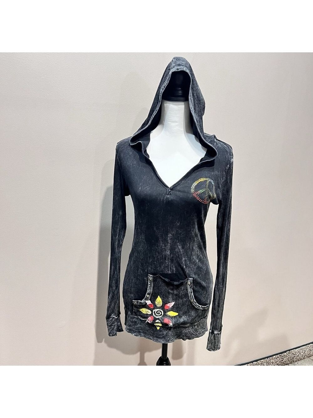 Y2K T Party Hoodie Mineral Wash Rhinestone Peace Slim Fit Size L USA Hippie Boho
